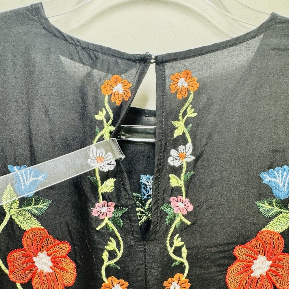 Zara Babydoll Boho Floral Butterfly Cotton Gauzy Embroidered Swing Dress M Black - Picture 11 of 11